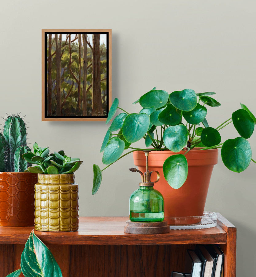 Potted plants on a wooden shelf with a framed oil painting of a Tasmanian eucalyptus forest, against a light green wall.