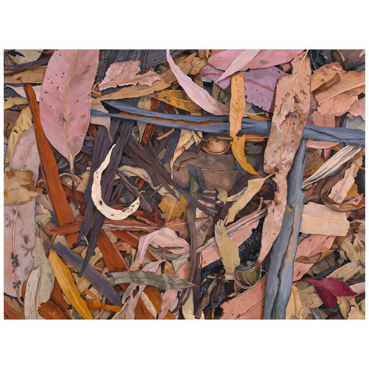 A rectangular artwork depicting a dense pile of dried leaves and twigs in muted earthy tones, including pink, brown, tan, gray, and yellow.